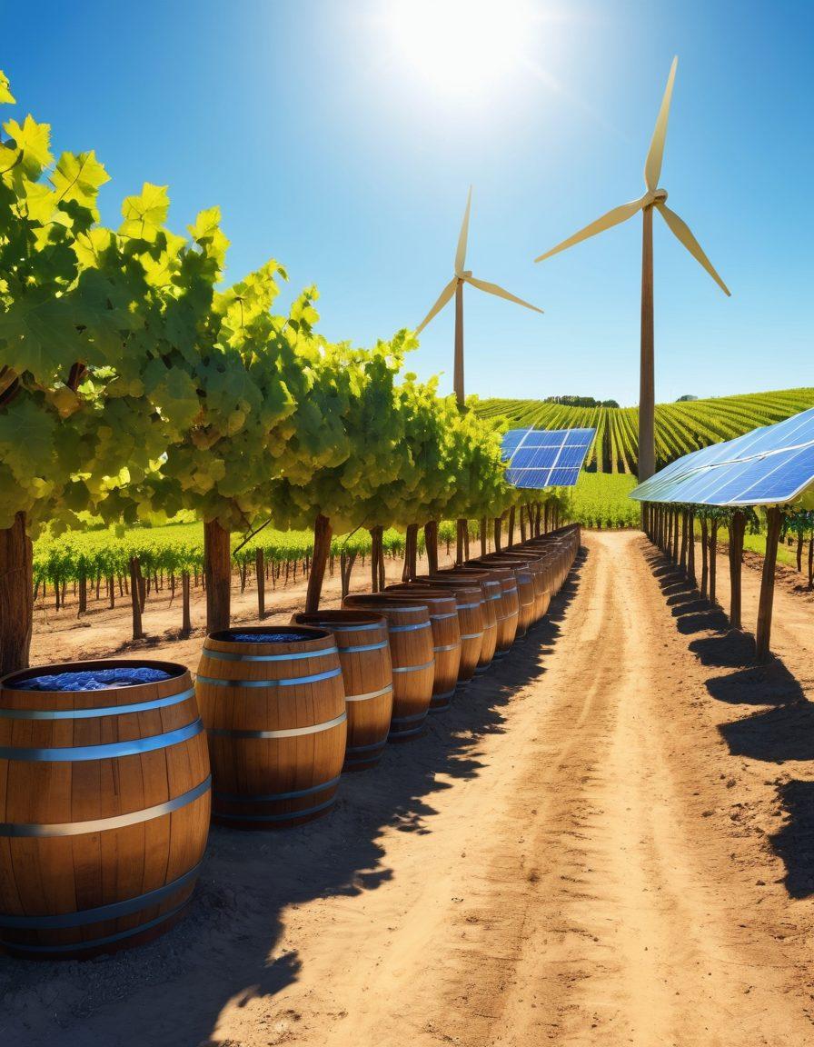 A picturesque vineyard bathed in golden sunlight, showcasing solar panels and wind turbines subtly integrated amidst the grapevines. Interactive elements like digital displays showing energy stats and eco-friendly practices. A sustainable lifestyle depicted through rustic wooden barrels, green technology, and healthy grape clusters. The sky is a blend of vibrant blues and whites, symbolizing a bright future. super-realistic. vibrant colors. 3D.
