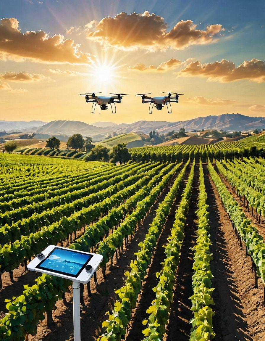 A futuristic vineyard teeming with advanced technology, showcasing drones flying above rows of lush grapevines, sensors embedded in the ground, and farmers using tablets to monitor crop health. The sky is clear, and the sun casts golden beams over the landscape, enhancing the vibrant colors of the grapes. Include elements like automated irrigation systems and a backdrop of rolling hills. super-realistic. vibrant colors. 3D.