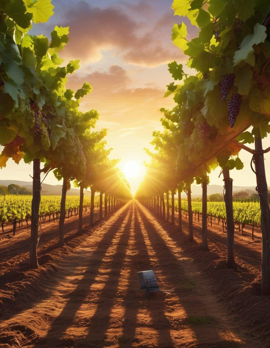 A lush vineyard landscape showcasing rows of grapevines intertwined with modern intelligent grid technology, featuring solar panels and smart irrigation systems. A sunset casts a warm glow over the scene, highlighting the harmony between nature and technology. In the foreground, a winemaker inspects grapes while digital data overlays illustrate innovation in viticulture. super-realistic. vibrant colors. atmospheric lighting.